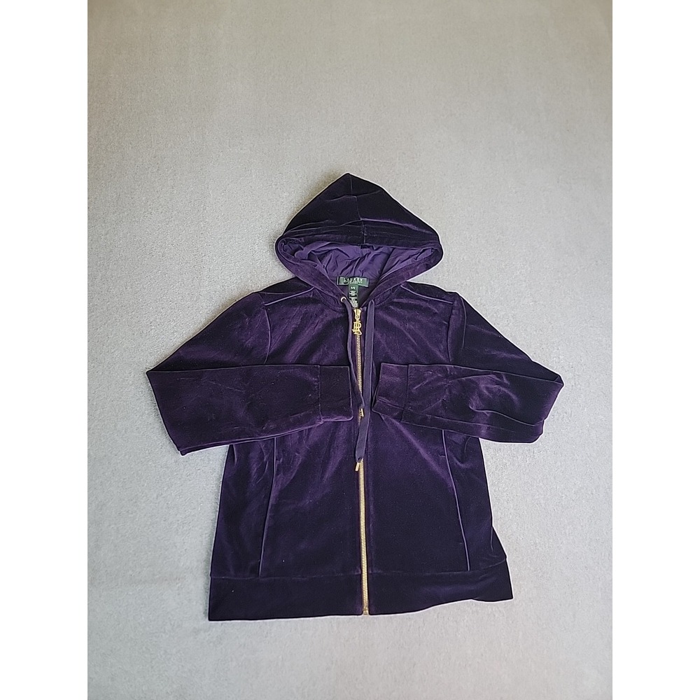 Lauren Ralph Lauren Velour Hoodie Womens PS Purple Zip Up Monogram Gold Pull